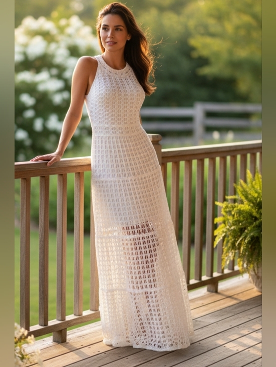 Luxury on a Dime Dresses & Skirts - Openwork Crochet Knit Sleeveless Round Neck Illusion Mini A-line Maxi Dress